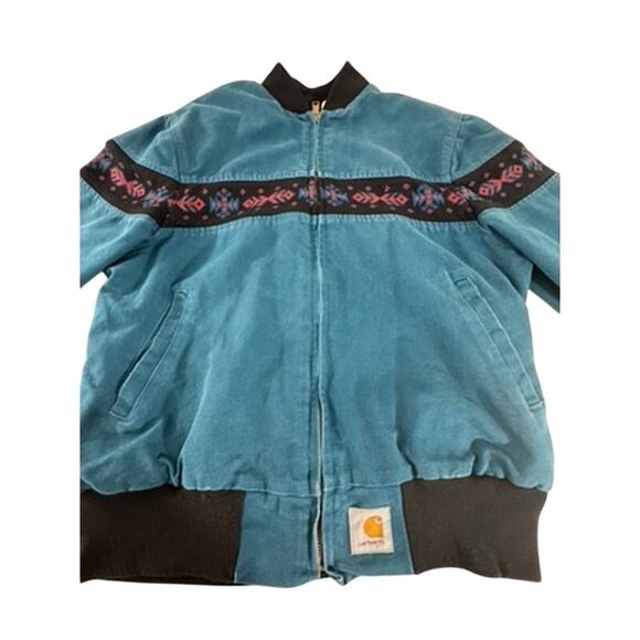 "CARHARTT" Vintage Thermal Lined Firm Duck JRO 455 Teal Blue AZTEC Jacket SZ L - Picture 1 of 16